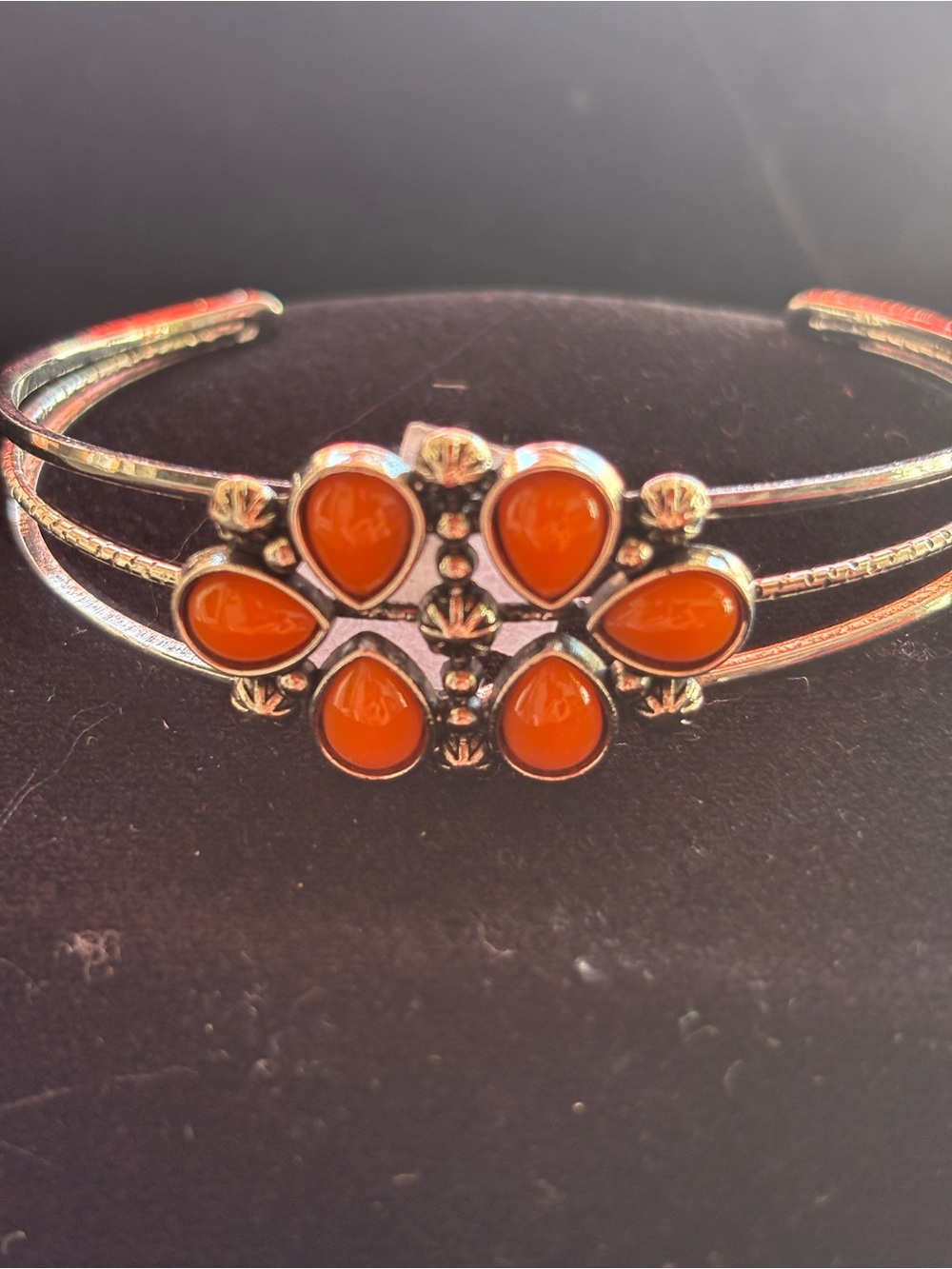 Silver-Tone Cuff Bracelet with Orange Teardrop Flower Accents